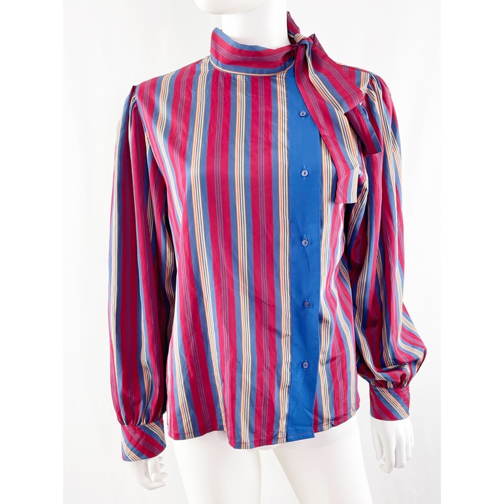 Vintage Pierre Clarence Striped Button Down Blouse with Neck Tie Size 44 US S